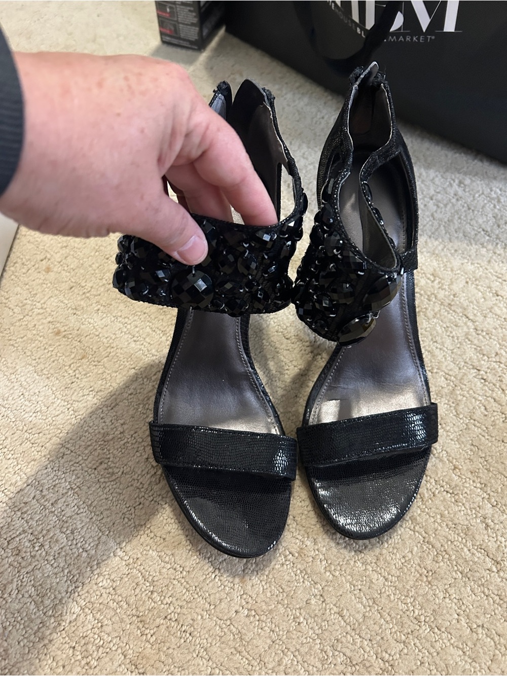 Calvin Klein Black Beaded Ankle-Strap Heels